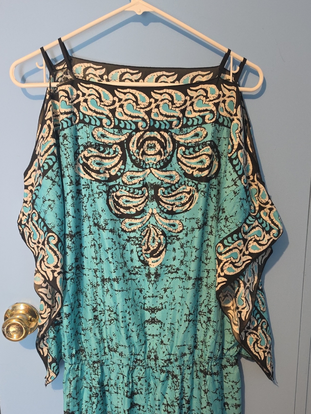 Rampage Teal Cold-Shoulder Embroidered Tunic with Black and Cream Accents